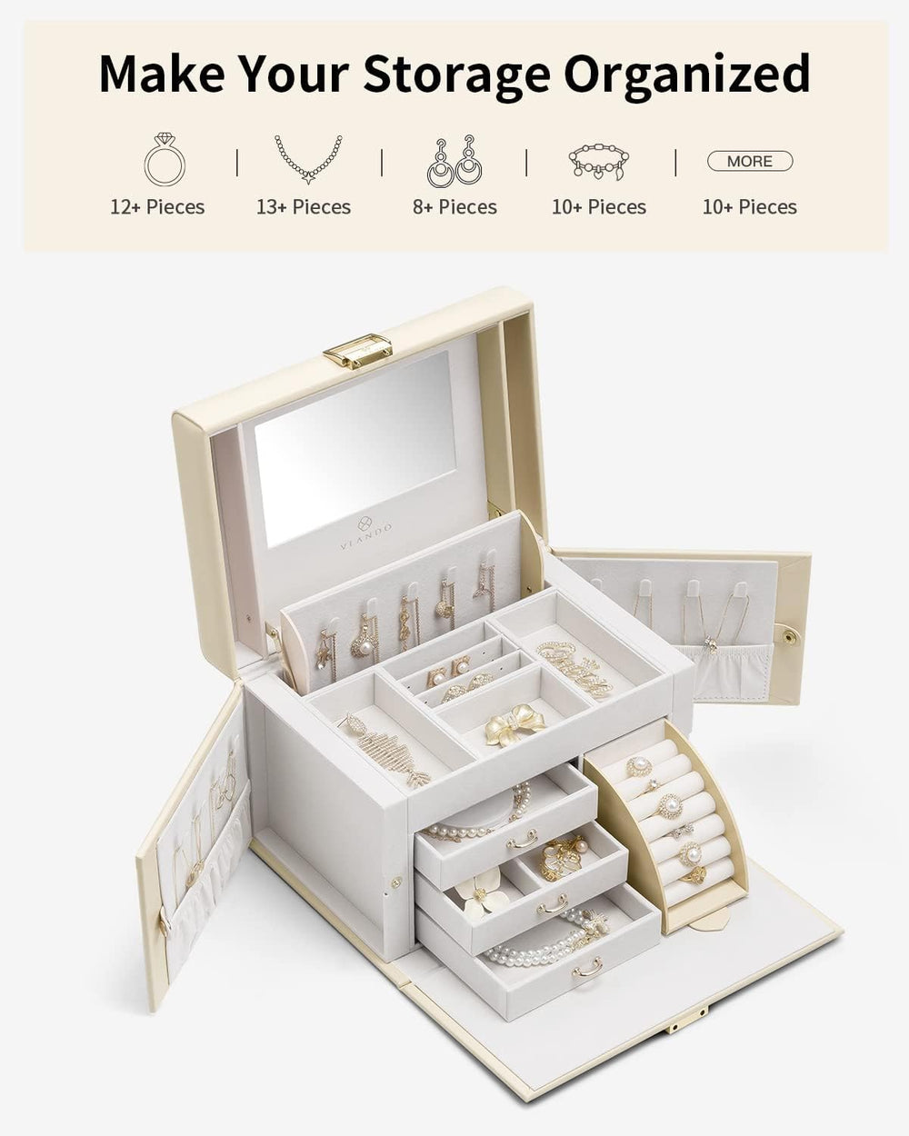 VLANDO Jewelry Box for Girls with Mirror and 3 Drawers,Apricot White