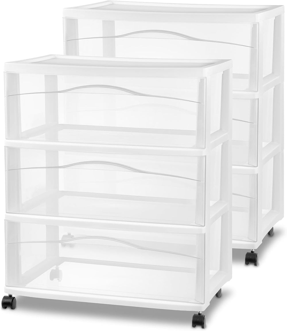 Sterilite Wide 3-Drawer Cart with Wheels for Bedroom and Dresser, 2-Pack
