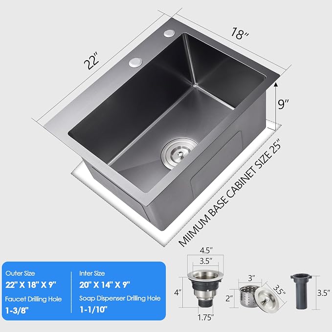 22x18 Inch Drop in Kitchen Sink, Handmade 304 Black Stainless Steel Sink - Image 3