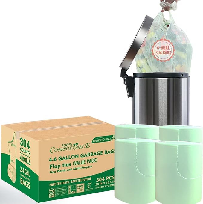 4-6 Gallon Flap Tie Compostable Trash Bags, Compost Bags Kitchen Trash Bags by BEIDOU-PAC