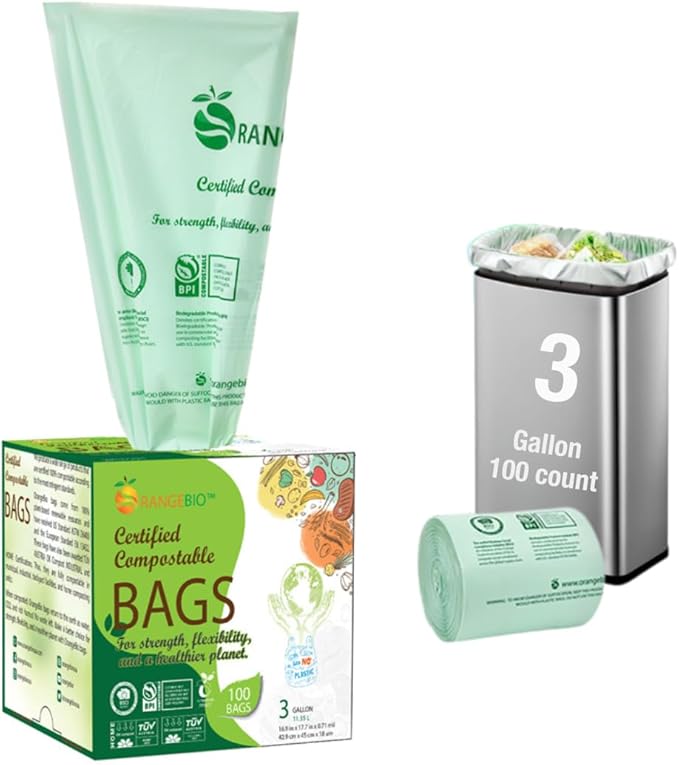 OrangeBio 3 Gallon Compostable Trash Bags, Food Grade, Plant-based, by OrangeBio