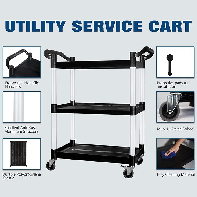 Service Cart with Wheels Lockable Large Size, Plastic Restaurant Cart Heavy Duty - Image 2
