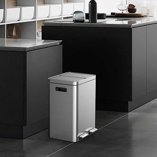 2 x 5.3 Gal Trash Can, Stainless Steel Triple Compartment Step-On Recycling Bin - Image 5