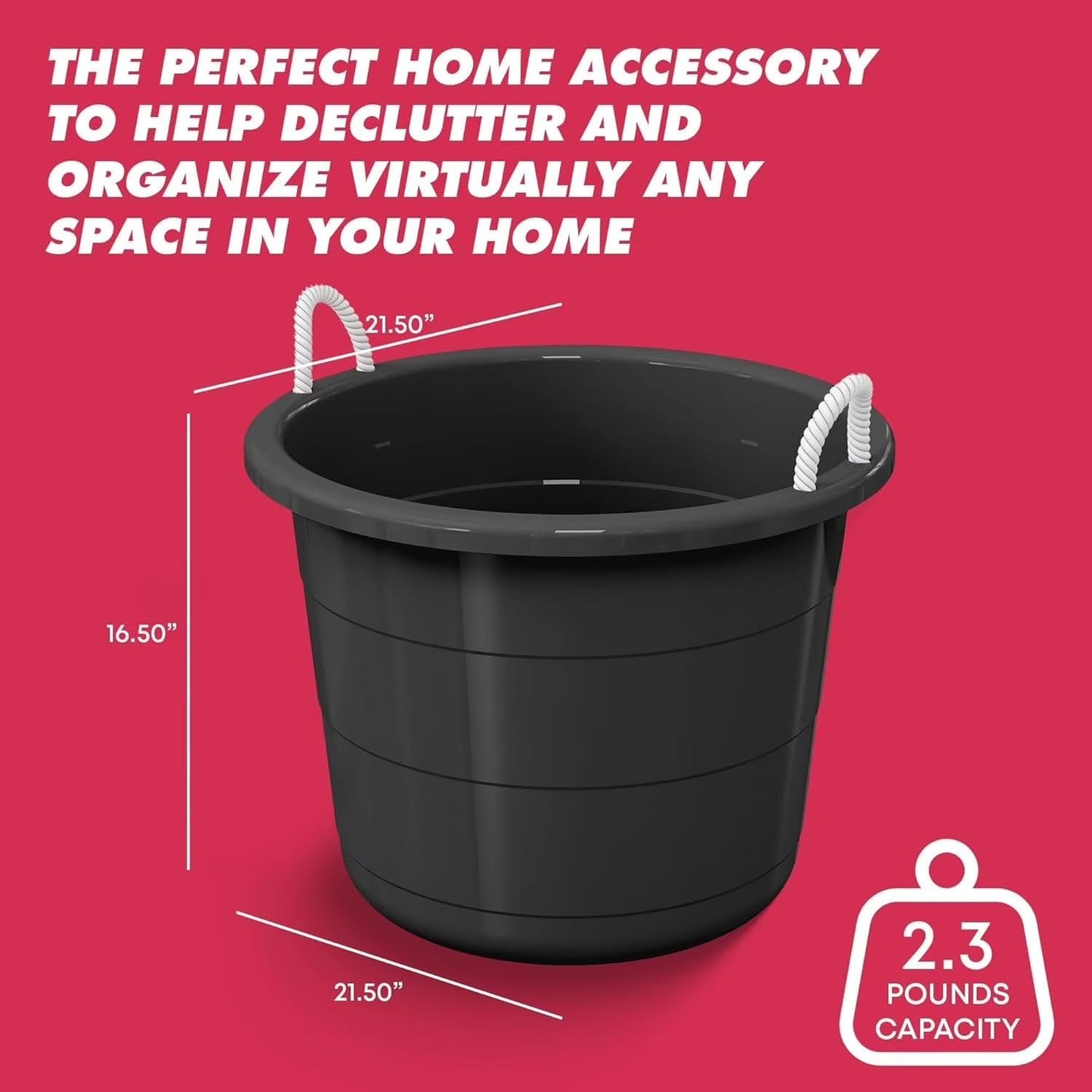 Flexible 17-Gallon Plastic Storage Tub with Rope Handles, Lightweight, Multi-Purpose, Black, 21.5x21.5x16.5 Inch, Indoor/Outdoor Use