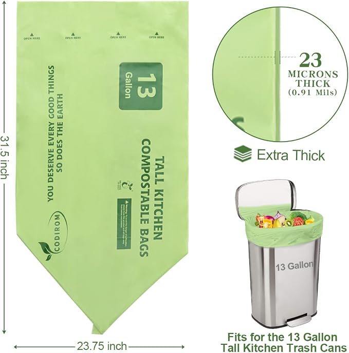 100% Compostable Trash Bags, 13 Gallon, 49.2 Liter, 0.91 Mils - Image 3