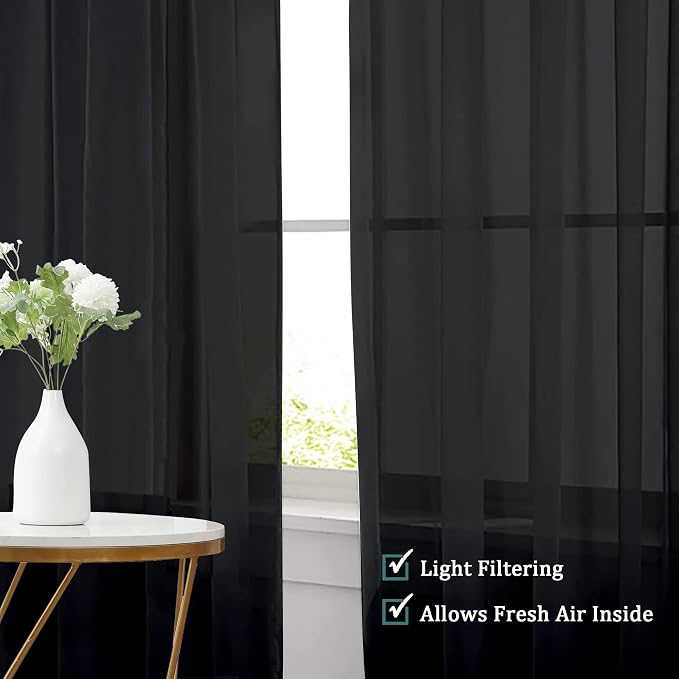 Chyhomenyc Black Sheer Curtains 96 inches Long Window Draperies 2 Panels - Image 4
