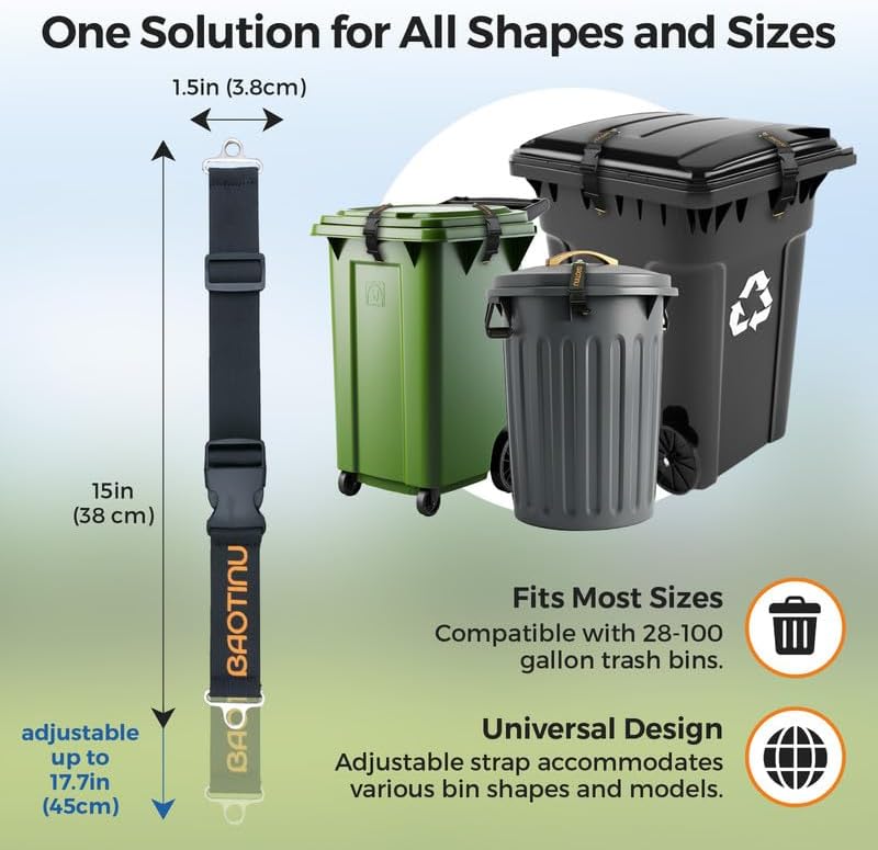Trash Can Lock for Animals, 4PCS Adjustable Straps Garbage Can Locks for 28-100 Gallon Outdoor Bins, Bear Proof Trash Can Lock with Anti-Rust Metal Buckle, One-Hand Release Lid Locking Design