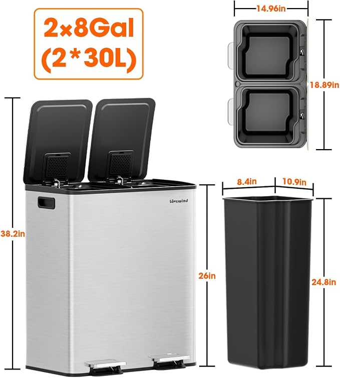 Lovewind Kitchen Trash Can, 2 x 8 Gallon Stainless Steel Trash and Recycle Bin - Image 7