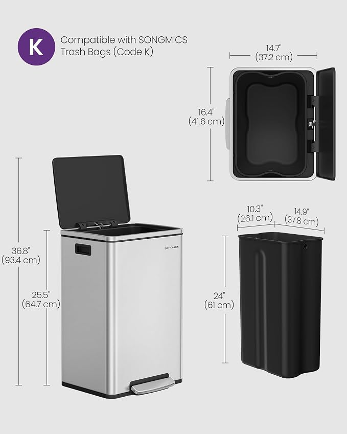SONGMICS Trash Can, 13-Gallon Gabbage Can, - Image 6