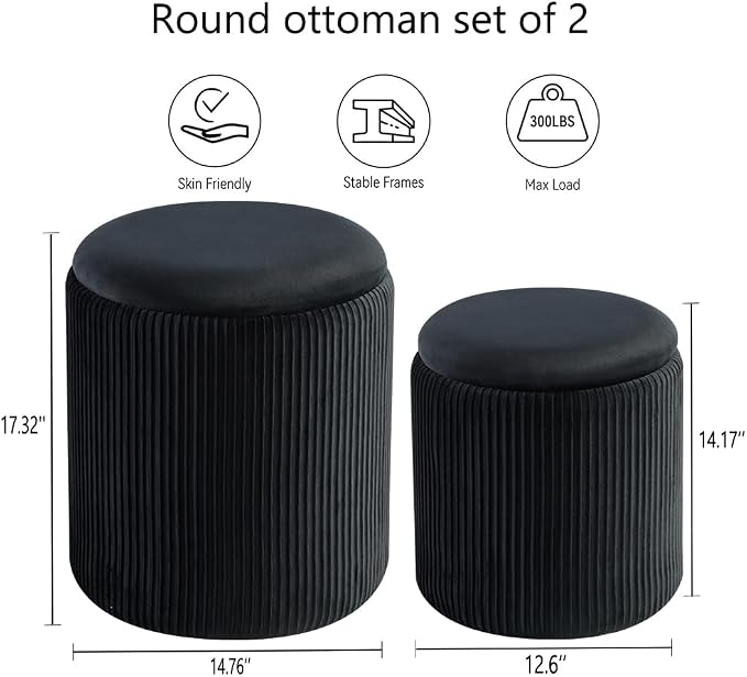 Round Set of 2 Ottoman with Storage-Upholstered Velvet Vanity Stool - Image 3