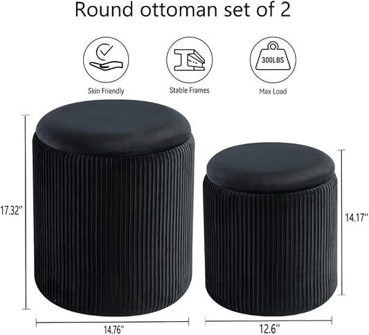 Round Ottoman with Storage Set of 2-Upholstered Velvet Vanity Stool - Image 2