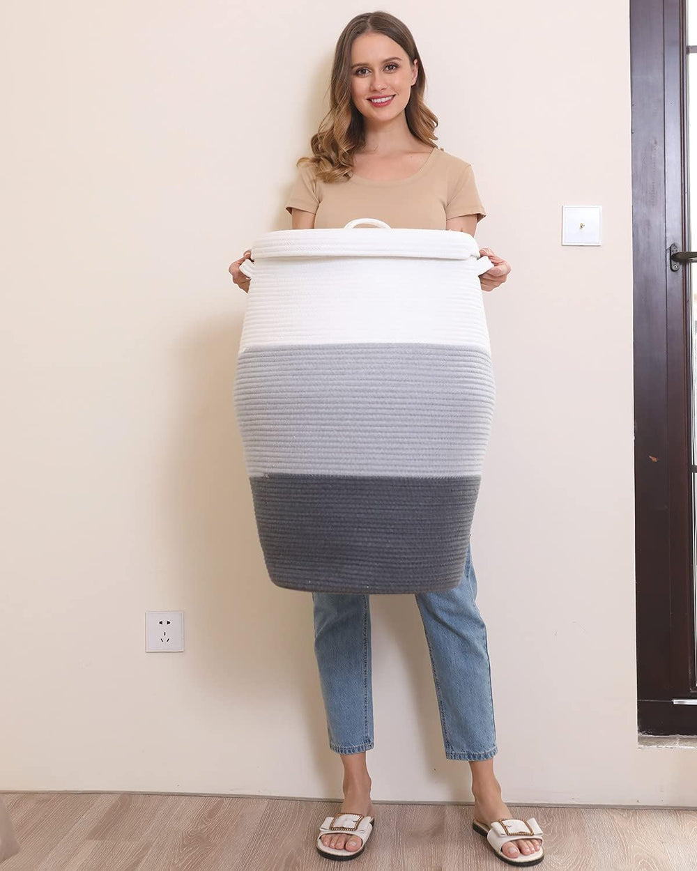 26"x20" Extra Large Tall Woven Laundry Basket with Lid, Cotton Rope...