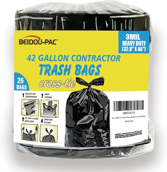 Contractor Heavy Duty Trash Bags 42 Gallon | 26 Count | 3 MIL | 32.8" X 46" | by BEIDOU-PAC