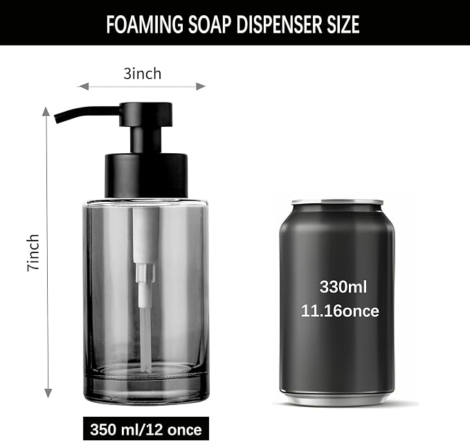 Enra Foaming Soap Dispenser, 12oz Black Thick Glass Bathroom and Kitchen Soap - Image 4