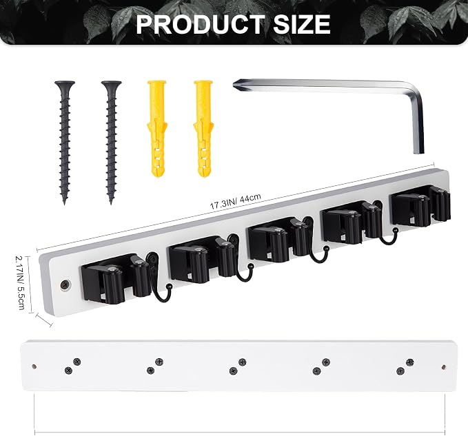 Broom Holder Wall Mount With 5 Slots & 4 Hooks，Rustic Wood Broom & Mop - Image 5