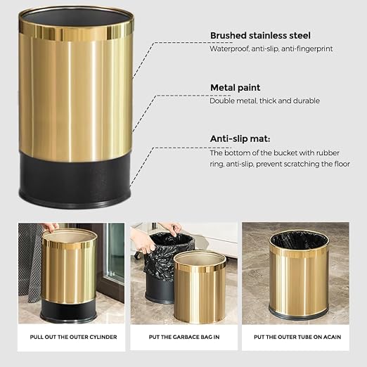 14L/2.6GAL，Gold Bathroom Trash can, Brushed Brass Garbage can, Small Gold - Image 5