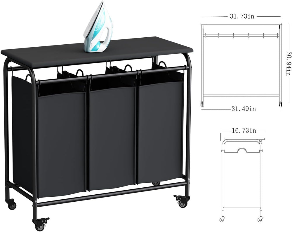 3 Bags Laundry Basket Sorter, Black 135L Laundry Hamper, Ironing Board