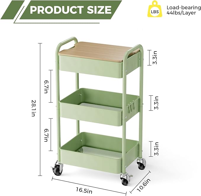 3 Tier Rolling Cart with Table top, Metal Rolling Utility Cart, Sturdy Storage - Image 4