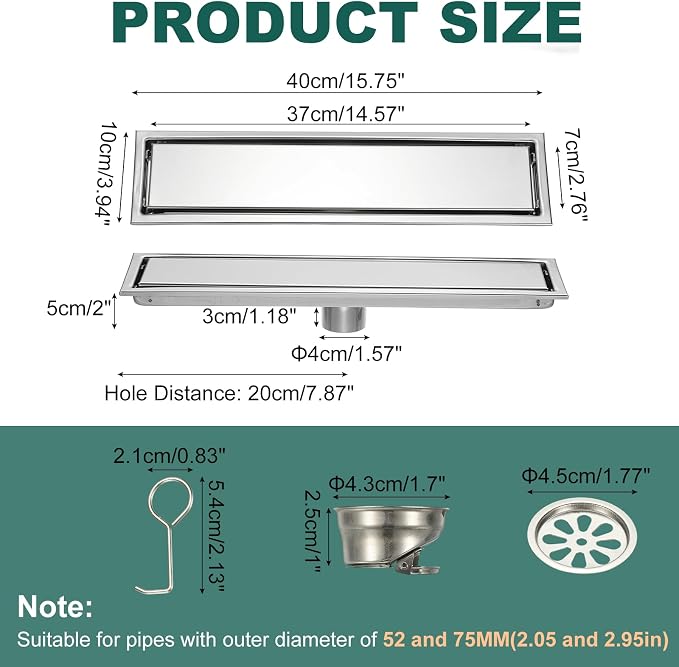 uxcell Rectangular Shower Drain, Brushed 304 Stainless Steel Odor-Proof Floor - Image 2