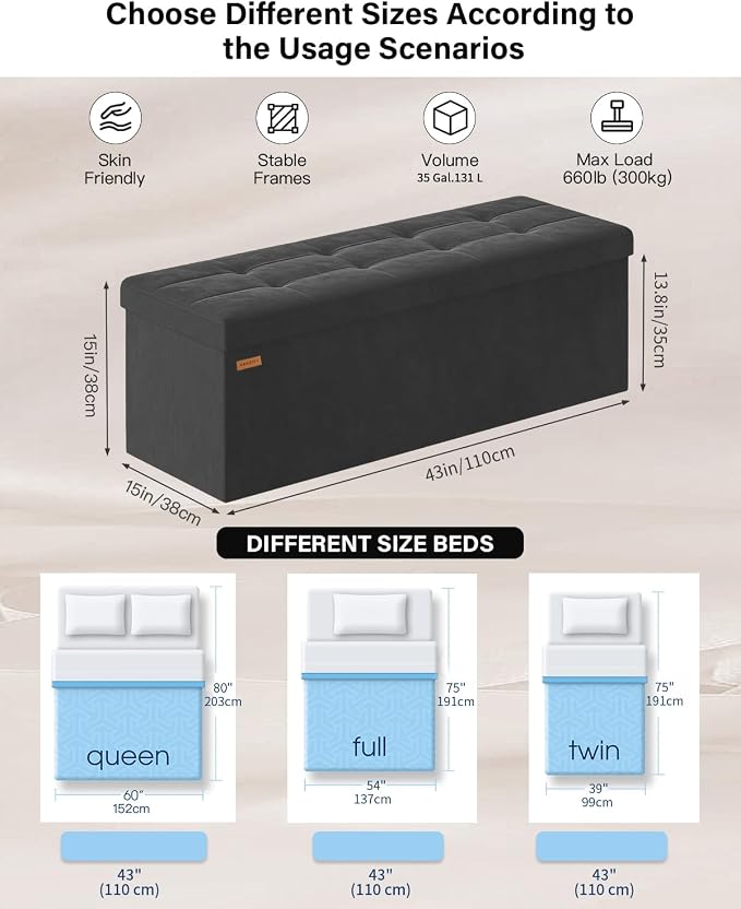 Folding Storage Ottoman, Velvet Storage Bench, Removable Divider, - Image 2