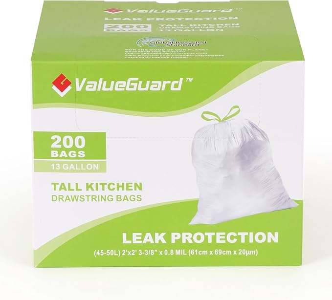 Large Trash Bag 13 Gallon Tall Drawstring 100% Post-Consumer Recycled Garbage by ValueGuard