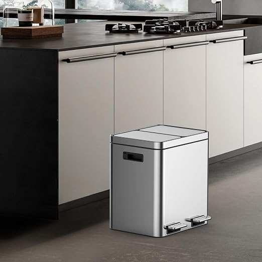 2 x 4 Gal Trash Can, Stainless Steel Triple Compartment Step-On Recycling Bin - Image 8