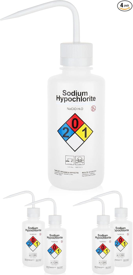 4pcs of Sodium Hypochloride Wash Bottles, Narrow Mouth, Self-Venting Safety by LABINVO