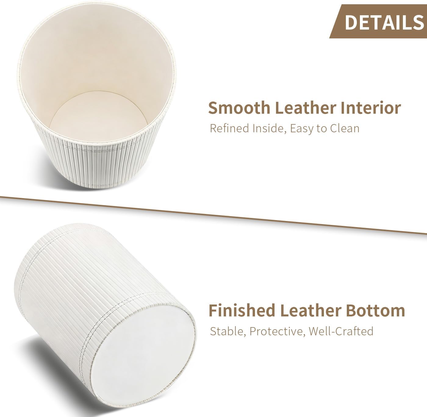 GORESE Pu Leather Trash Can, 2.6 Gallon Wastebasket, Small Wastepaper Basket for Office, Bedroom, Living Room, Round Trash Bin Home Decor, Cream White
