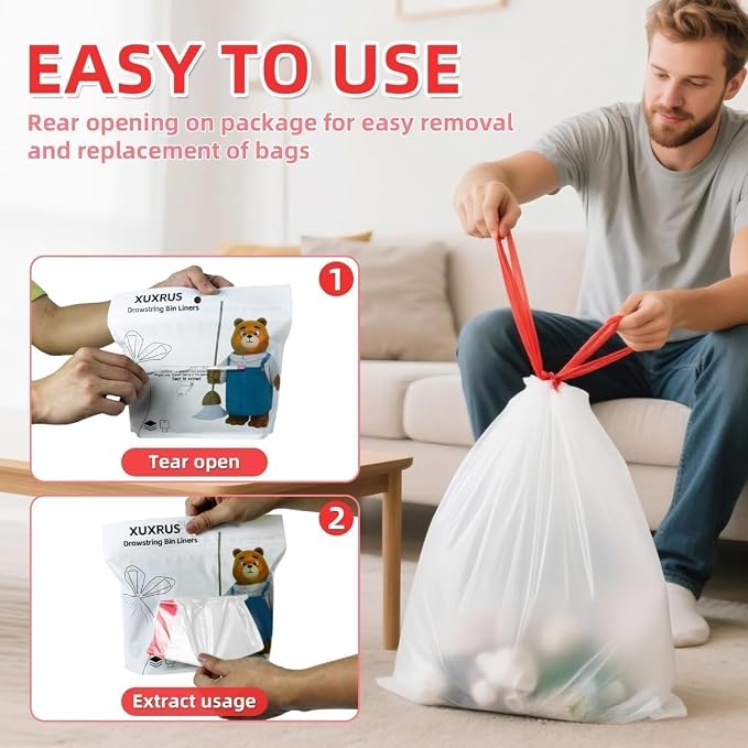 3 Gallon Trash bag Small White Drawstring Trash Bags, Tear-Free Heavy Duty - Image 5