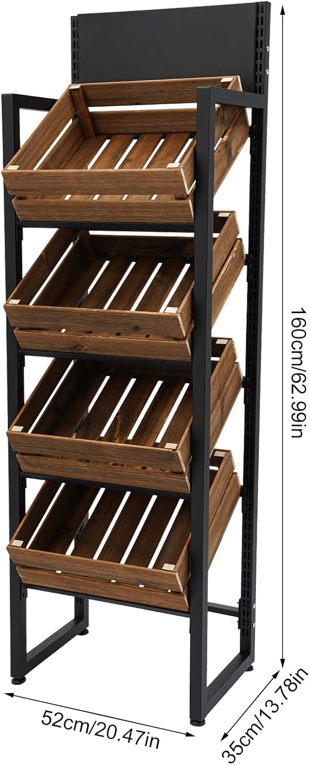 Market Retail Display Rack, 4-Tier Wood Fruit and Vegetable Storage Rack Reta...
