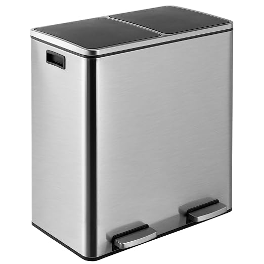 16 Gallon Rectangular Stainless Steel Trash Can, Dual Compartment Garbage Bin by ComfyCorner