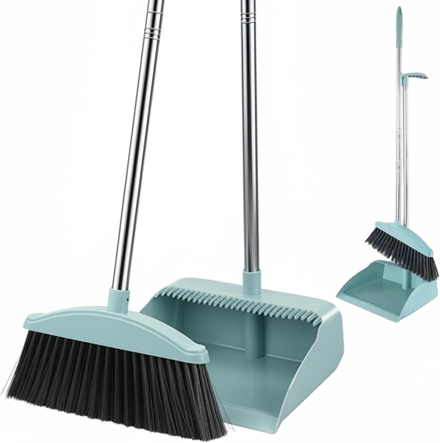Dust Pan and Broom Set, Long Handled Dust Pan with Built-in Comb for Pet Hair, Soft Bristles Broom with Dustpan Combo Set for Indoor Floor Cleaning (Nordic Blue), with Dustpan Combo