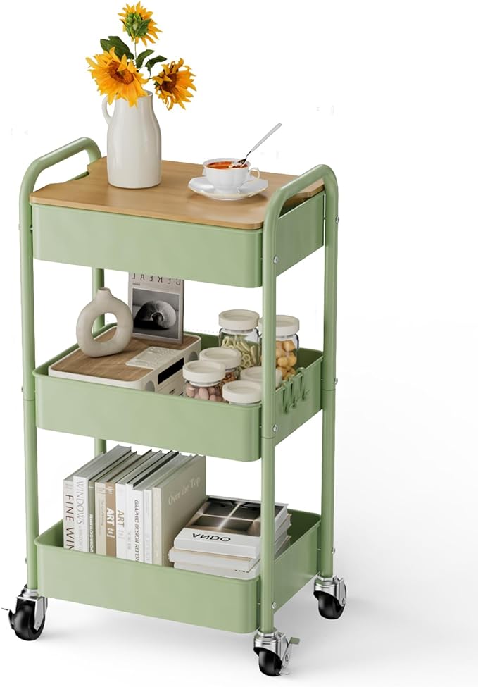3 Tier Rolling Cart with Table top, Metal Rolling Utility Cart, Sturdy Storage by Johgee