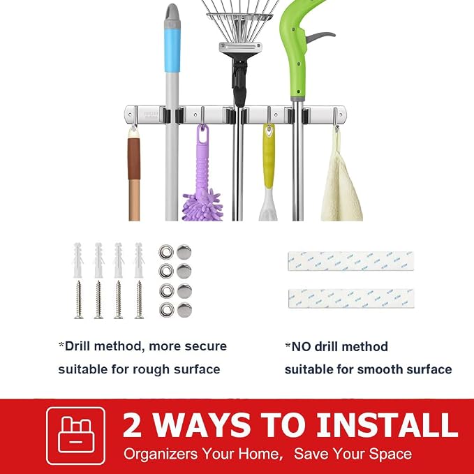 IMILLET 2 Pack Broom and Mop Holder Wall Mounted, Stainless Steel Broom Holder - Image 7