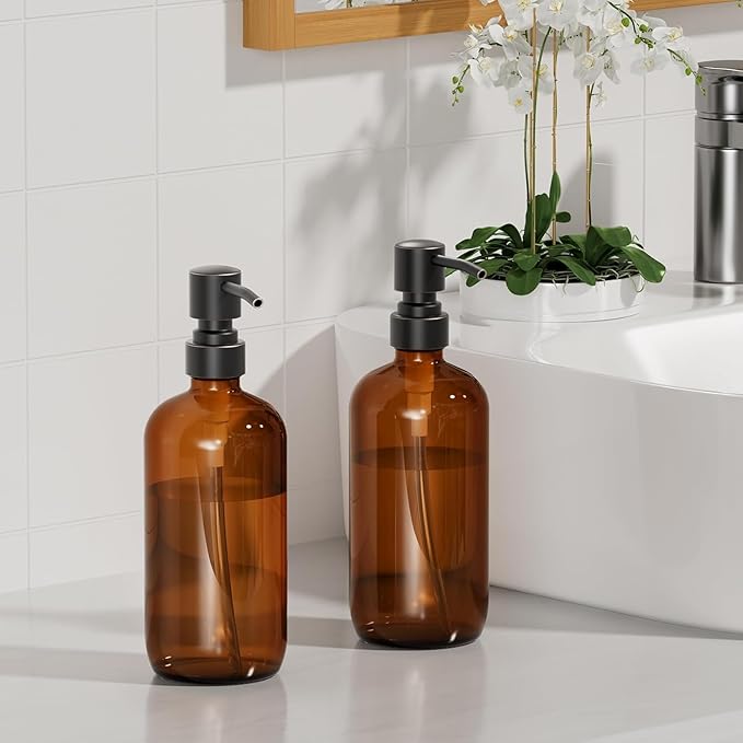 AmazerBath Amber Glass Soap Dispensers, 2 Glass Amber Pump Bottles, 17 Oz Dish - Image 6