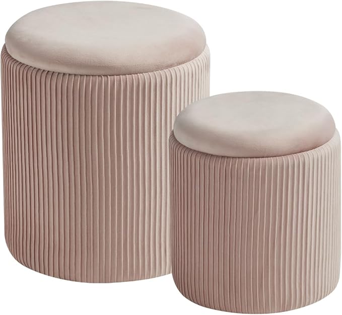 Round Set of 2 Ottoman with Storage-Upholstered Velvet Vanity Stool by HomePage