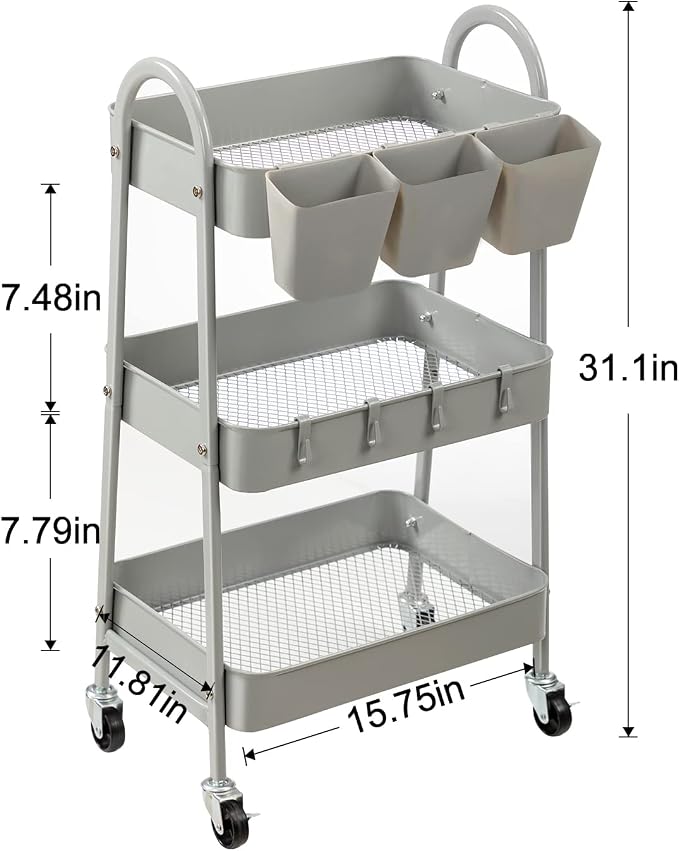danpinera 3-Tier Rolling Cart, Metal Rolling Storage Cart - Image 3