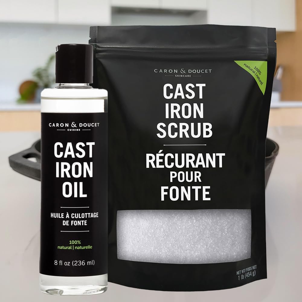 CARON & DOUCET - Cast Iron Care Seasoning Bundle - CastIron Oil & Cast Iron Scrub - 100% Plant Based Formulation - Helps Maintain Seasoning on All Cookware (8 fl oz & 1 lb)