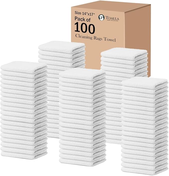 100% Cotton Terry Towel Cleaning Rags Pearl White 14'x17'|Pack of 100|Soft by TOALLA