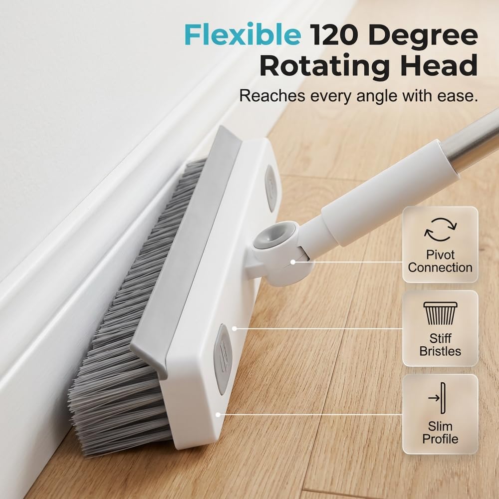 Floor Scrub Brush with Long Handle, 3 in 1 Scrape and Heavy-Duty Stiff Bristle Scrubber Brush, 2-in-1 Floor Brush with Built-in Squeegee, 3 in 1 Floor Scrub Brush (White-1PC)