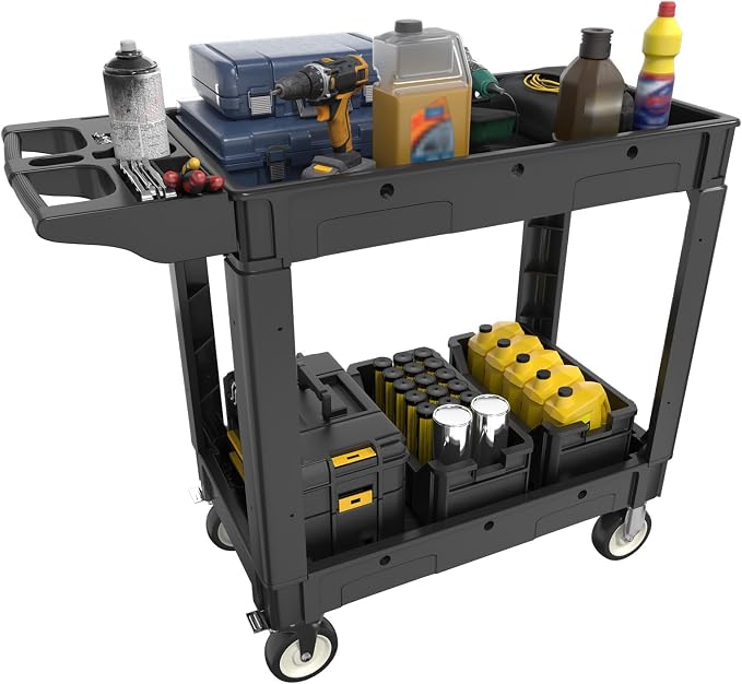 2 Tier Plastic Rolling Cart Utility Cart on Wheels, Heavy Duty Tool Carts by Maemttes