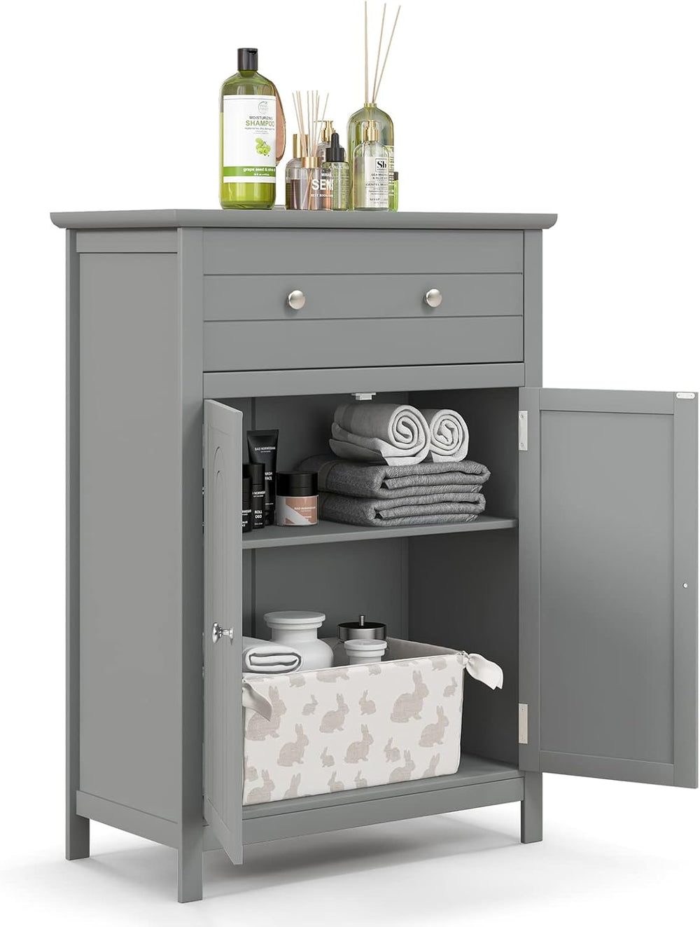 COSTWAY Bathroom Floor Cabinet, Wooden Side Storage Organizer (Grey)
