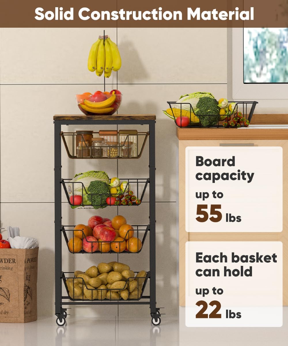 Fruit Vegetable Storage Cart for Kitchen, 5-Tier Vegetable Stand Rack with Pu...