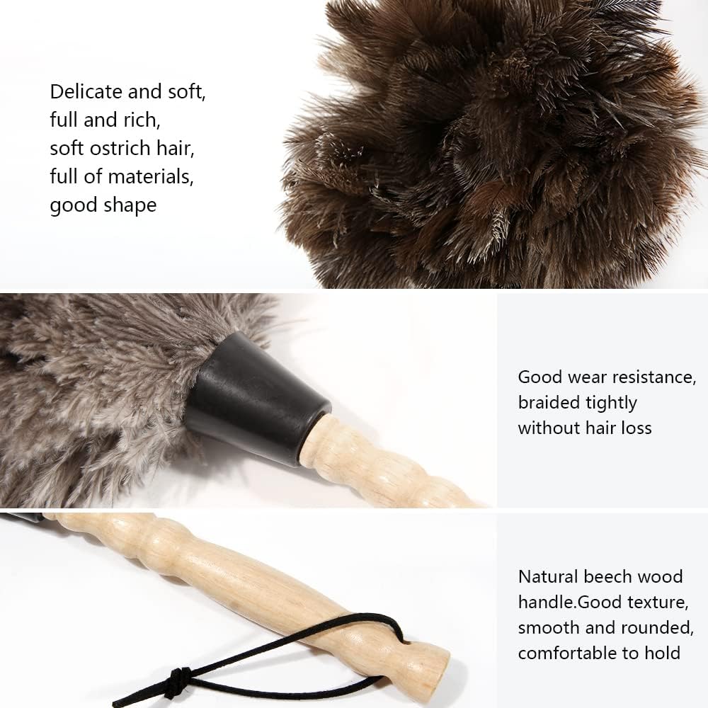 Ostrich Feather Duster 14 inch Feather Duster Fluffy Natural Genuine Ostrich Feathers with Wooden Handle and Eco-Friendly Reusable Handheld Ostrich Feather Duster for Cleaning Supplies