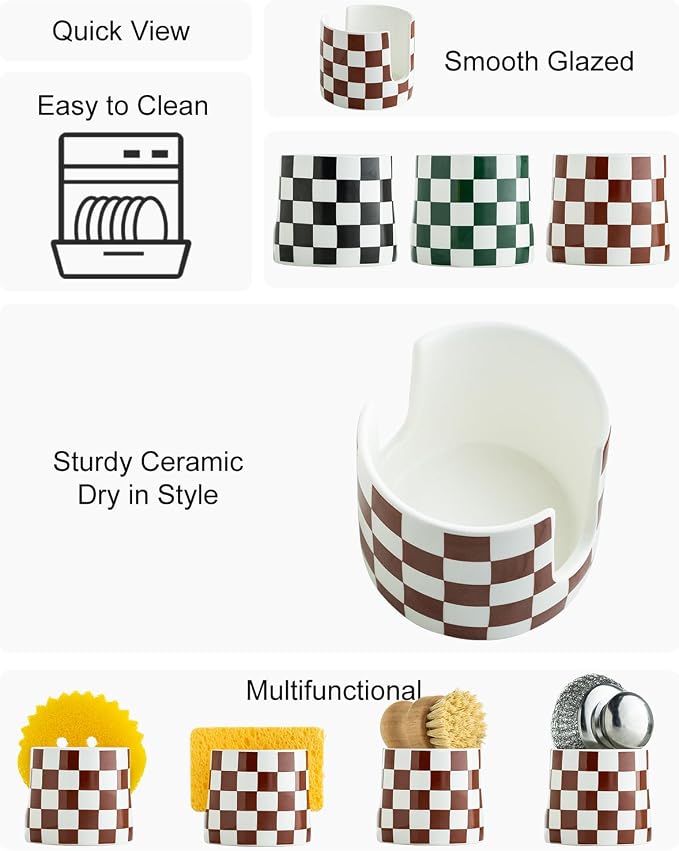 Checkered Sponge Holder for Kitchen Sink, Ceramic Dish Sponge Drying Caddy - Image 3