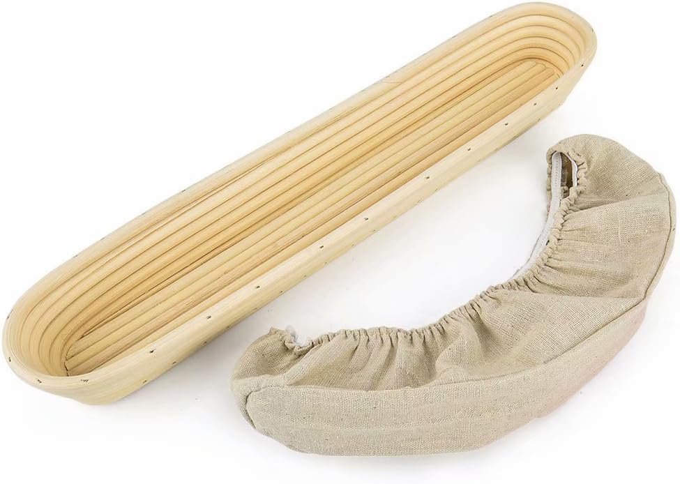 15 inches Baguette Banneton Bread Proofing Basket and Linen Liner Set 2 Pack, Sourdough Proofing Basket Round Proofing Bowls Handmade Rattan Baskets Perfect for Professional & Home Bread Baking