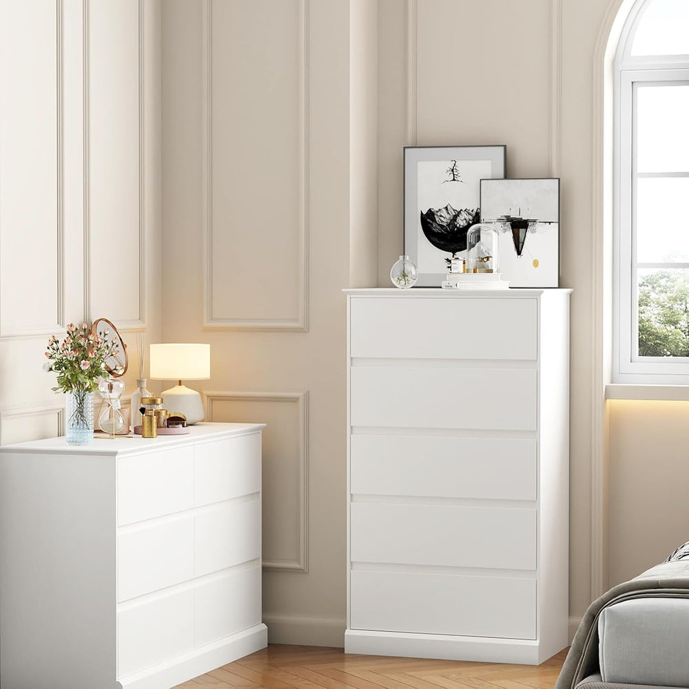 Dresser for Bedroom, Modern Tall White 5 Drawer Dresser, Modern Wood Chest of...