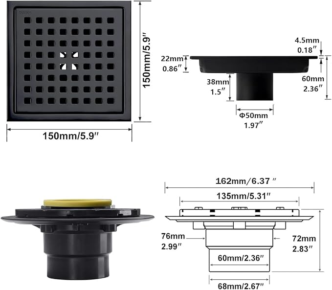 RANDOM Square Shower Drain 6 Inch Matte Black Stainless Steel Shower Floor - Image 2