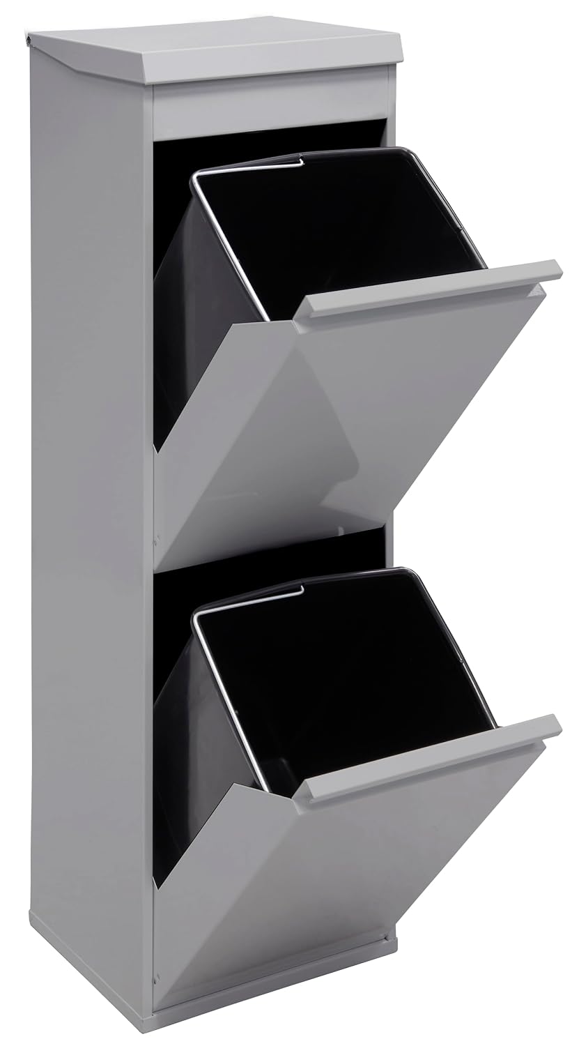 ARREGUI Top CR222-B Steel Recycling Bin with Lid and Top Tray, Multi-Use, Light Grey, 97.5 x 30.6 x 24.5 cm