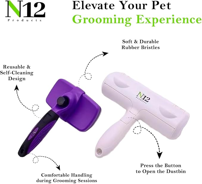 N12 Cat, Dog Hair Remover/Lint Roller and Grooming Hair Bush Combo – Pet Fur - Image 3